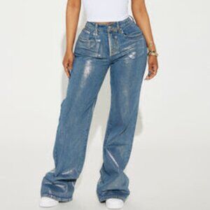 Foil Print Baggy Jeans - Silver